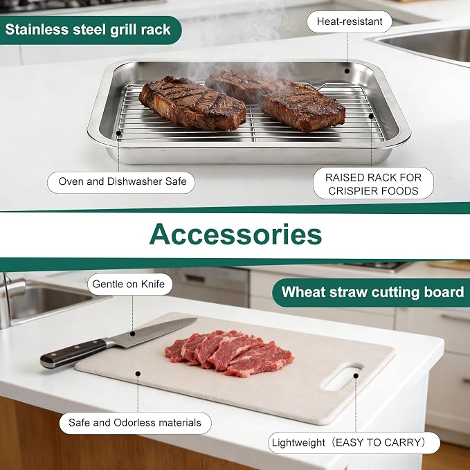 Stainless Steel BBQ Grilling Prep and Serve Tray Set, Food Preparation Container with Lid, Cutting Board, Wire Rack and Marinade Pan for Outdoor Cooking,Grill Gifts for Grill Lovers