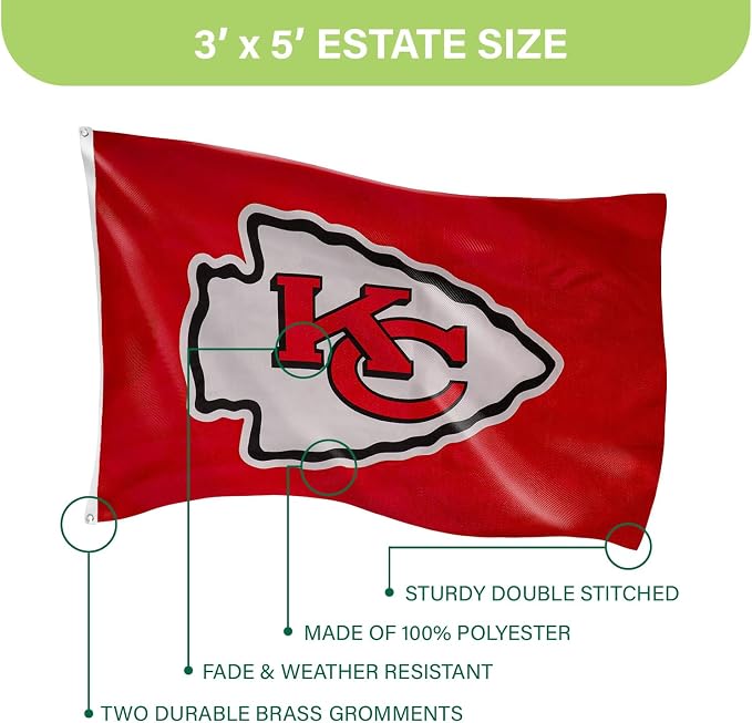 Team Sports America NFL Kansas City Chiefs 3 x 5 Outdoor Durable Flag with Grommets | Heavy Duty Flag & Banner for Outdoor Garden Patio | Indoor Wall Decor | Works with Flag Poles for House
