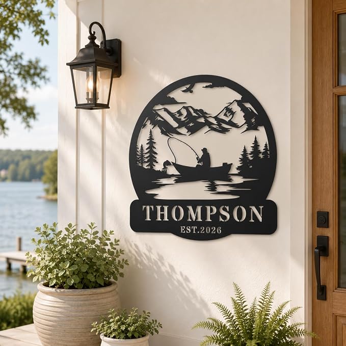 Personalized Fishing Metal Sign with Name, Custom Fisherman Wall Art for Lake House Cabin Man Cave Decor, Outdoor Iron Fishing Pole Plaque, Angler Gift for Dad