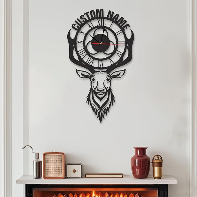Personalized Indoor Outdoor Wall Clock, Deer Metal Cabin Decor, Custom Name Retro Art Hanging Clock, Hunter Gift, Large Roman Numeral Outdoor Wall Clocks for Patio Farmhouse Living Room Decor