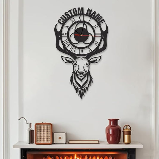 Personalized Indoor Outdoor Wall Clock, Deer Metal Cabin Decor, Custom Name Retro Art Hanging Clock, Hunter Gift, Large Roman Numeral Outdoor Wall Clocks for Patio Farmhouse Living Room Decor