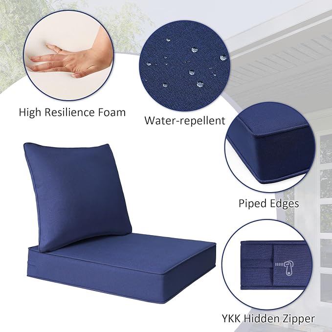 Unimatta Outdoor Patio Chair Cushions Set, 22" x 22", Set of 2, Water-Repellent, Fade Resistant, Deep Seat Bottom and Back Cushion for Backyard, Couch, Sofa and Patio Furniture, Navy