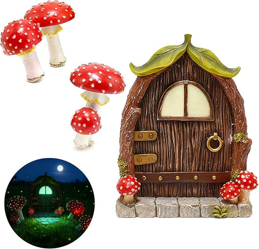 Mushroom Fairy Door for Tree, Miniature Fairy Garden House Decor Accessories, Glow in The Dark Yard Art Outdoor Statues Fairy House Kit for Gnome, Outdoor Yard, Stump, Lawn