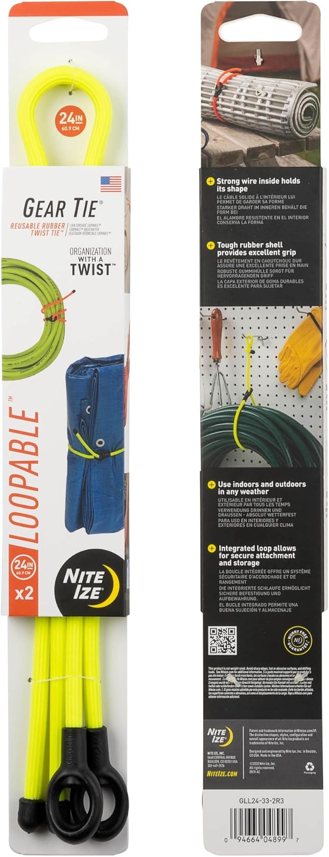 Nite Ize Gear Tie Loopable Twist Tie - Reusable & Flexible Twist Ties - Bendable Cable Ties for Gear & Cords - Loopable for Secure Fastening - 24", Neon Yellow (3 Pack)