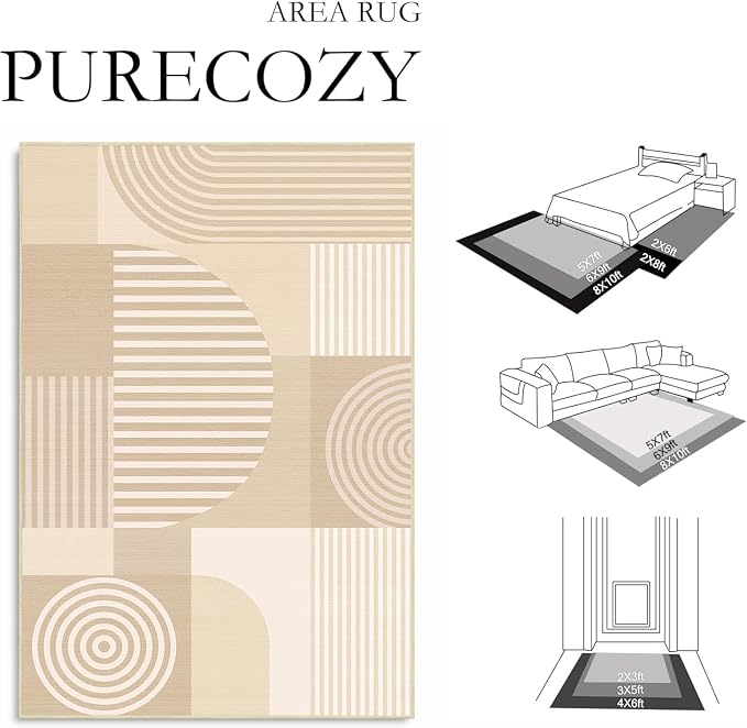 9x12 Area Rug for Living Room Beige Geometric Rug Machine Washable White Minimalist Mid Century Modern Area Rugs Non Slip Low Pile Large Dining Room Floor Carpet for Bedroom Office,Beige