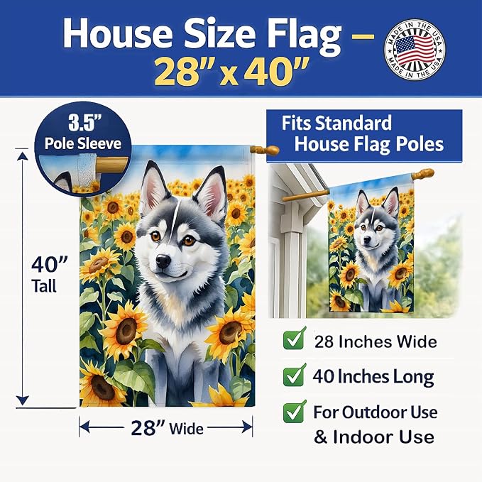 Caroline's Treasures DAC6004CHF Alaskan Klee Kai in Sunflowers House Flag Large Porch Sleeve Pole Decorative Outside Yard Banner Artwork Wall Hanging, Polyester, House Size, Multicolor