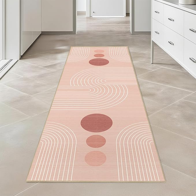 Boho Runner Rug 2x6 Modern Geometric Abstract Rug for Hallway Kitchen Bedroom Pink Mid Century Modern Runner Machine Washable Non-Slip Printed Low-Pile Long Floor Carpet for Bathroom Laundry Pink