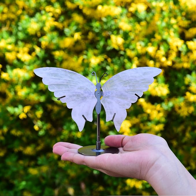 JIC Gem Natural Rose Quartz Crystal Butterfly Art Wings Carving Craft Ornament Pink Healing Crystal Stones with Display Stand Decoration Reiki(1pair, 10cm)