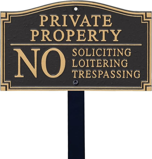 SmartSign Private Property Sign for Yard, No Soliciting Loitering Trespassing Garden Plaque | 5.75" x 9.5" Aluminum Plaque with 18" Black Lawn Stake, Made in USA