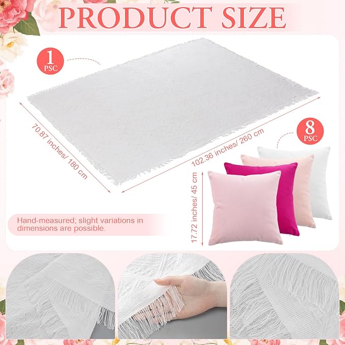 Moukeren 10 Pcs 71''x102'' Extra Large White Outdoor Boho Picnic Blanket with Table Runner and 8 Throw Pillow Covers Oversized Washable Portable Beach Blanket for Picnic Camp Lawn Wedding
