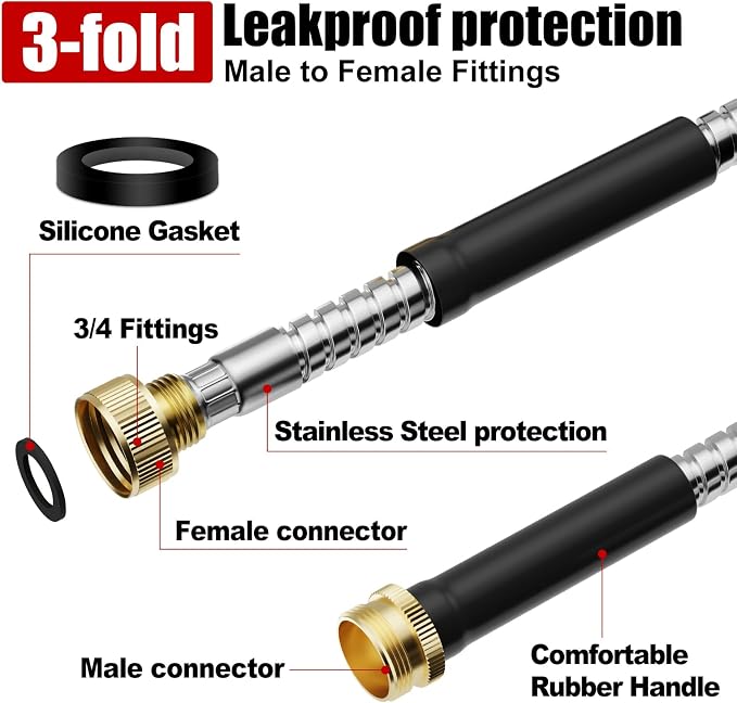 Beitopamz 100 ft Garden Hose, Stainless Steel Metal Water Hose with Nozzle, Flexible and Durable, Rust Proof, No-Kink, Heavy Duty, Leakproof 3/4'' Brass Fittings, Lightweight Hose for Patio, Lawn