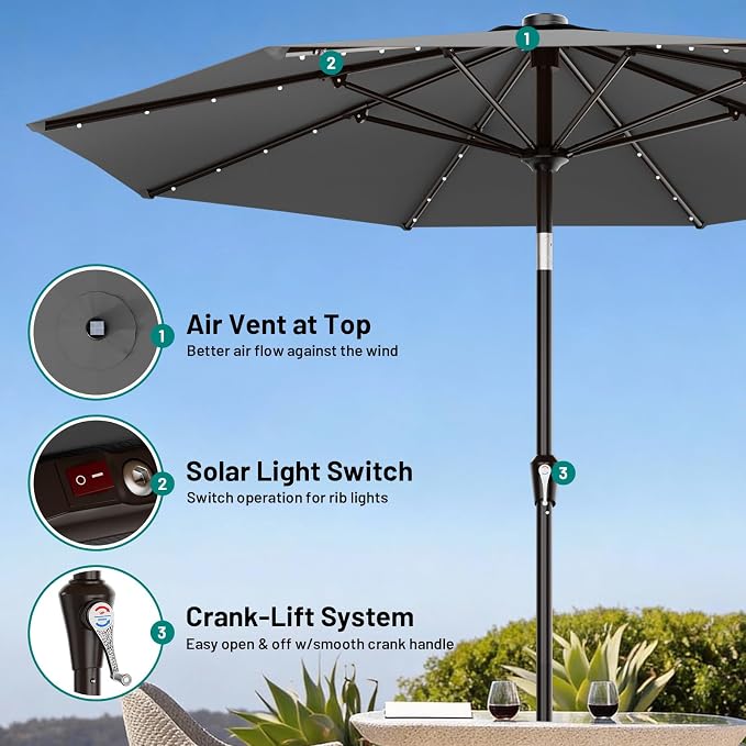 AreShark 9FT Patio Umbrella with Solar Lights, 32 Lighted Pool Umbrella w/Tilt and Crank, Outdoor Market Solar Umbrellas for Garden, Deck, Backyard, Pool and Beach, Gray