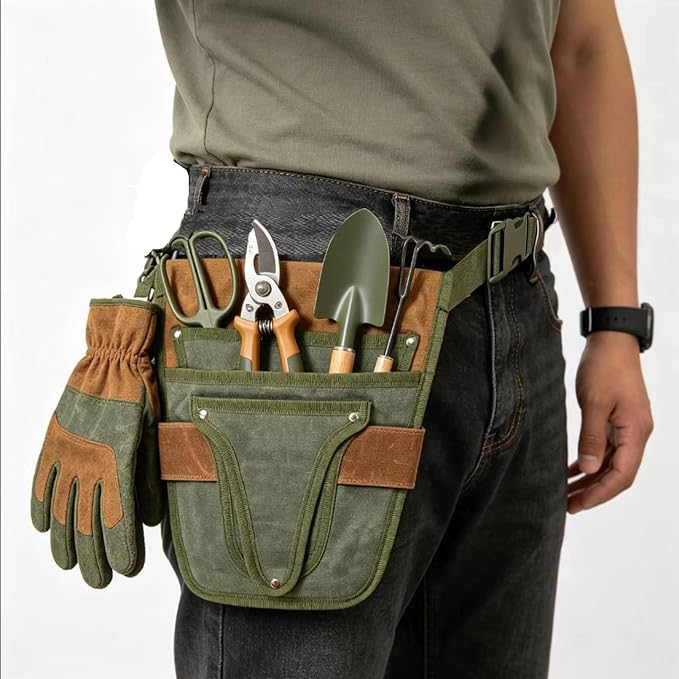 Gardening Tool Pouch for Waist, Hands-Free Canvas Tool Belt with 6 Pockets – Adjustable Waist Apron for Gardening Tools (Gardening Tools NOT Included)-Green