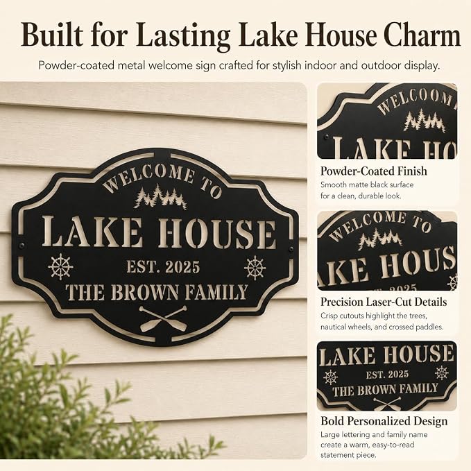 Personalized Metal Lake House Sign Custom Family Name Wall Art Rustic Cabin Decor for Entryway Porch Outdoor Lake Life Gift