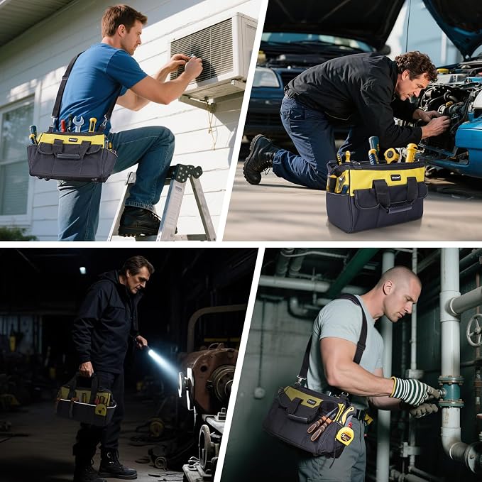 TICONN Heavy Duty Tool Bag with Multi-Pockets, Portable Tool Box Organizer Storage Bag, with Adjustable Shoulder Strap and Ergonomic Handle (Yellow, 14" Standard Base)