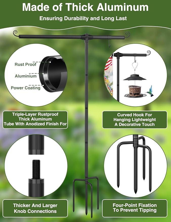 Garden Flag Holder Stand with Shepherds Hooks, 51 Inch Extra Thick Weather-Proof Powder-Coated Yard Flag Holder with 4 Prong Base, Heavy Duty 3/4 inch Aluminum Stand, Suitable for 12x18 Flag