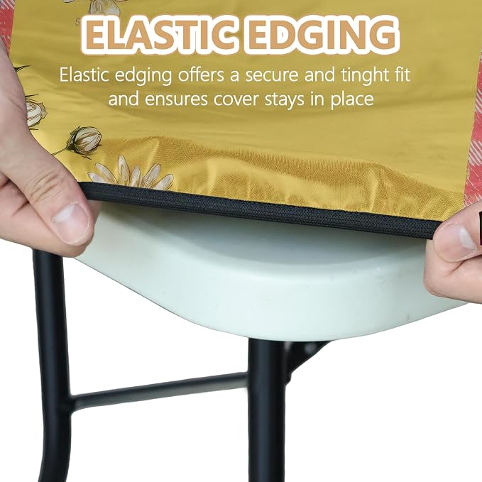 Picnic Table Cover with Bench Covers Elastic Edges, Outdoor Patio Camping Essentials 72 Inch 3PCS, Waterproof Camping Fitted Tablecloth with Handbags (Pink check daisy cow)