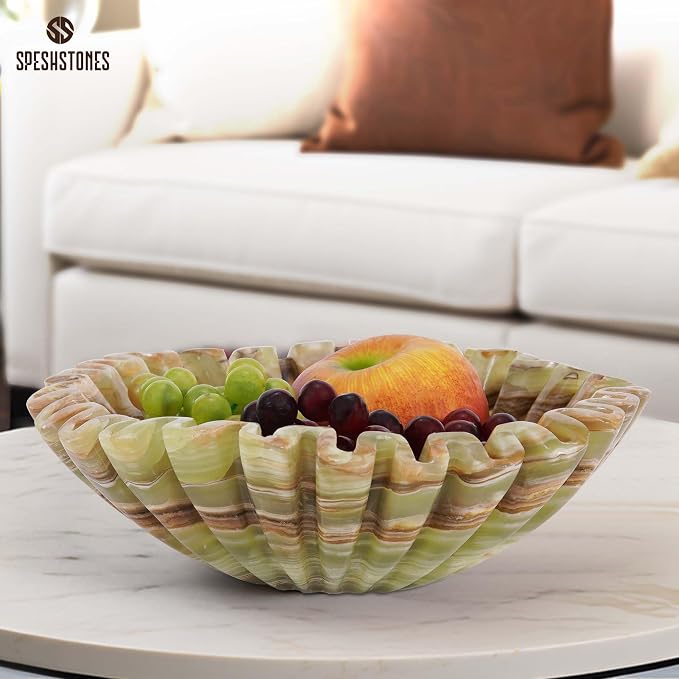 Marble Large Decorative Bowl Handmade 10 Inch Green Onyx Ruffle Bowl, Scalloped Bowls for Home Decor, Modern Fruit Bowl for Kitchen Counter, Stone Fluted Bowl for Housewarming Gifts
