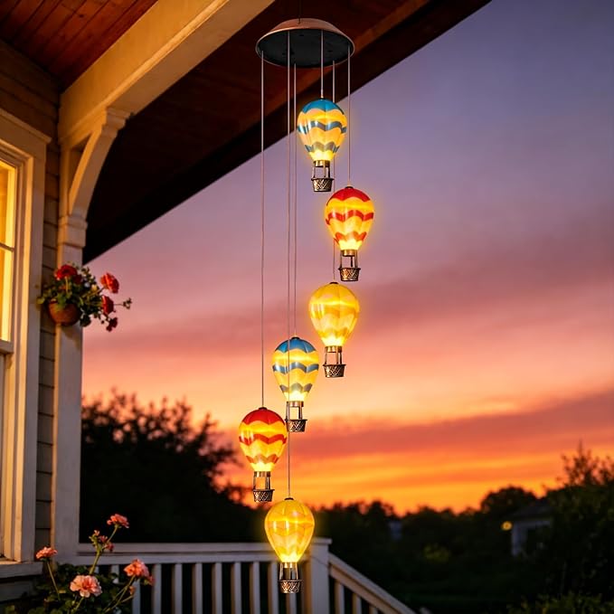 Topstor Hot Air Balloon Solar Wind Chimes for Outside - Outdoor Hanging Decor Gifts for Women Mom Grandma (Wavy)