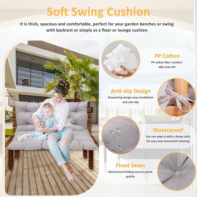Swing Replacement Cushions for Outdoor: 2-3 Seater Waterproof Porch Bench Cushion with Backrest and Ties - 4" Thick Swing Cushion for Garden Patio Backyard Loveseat