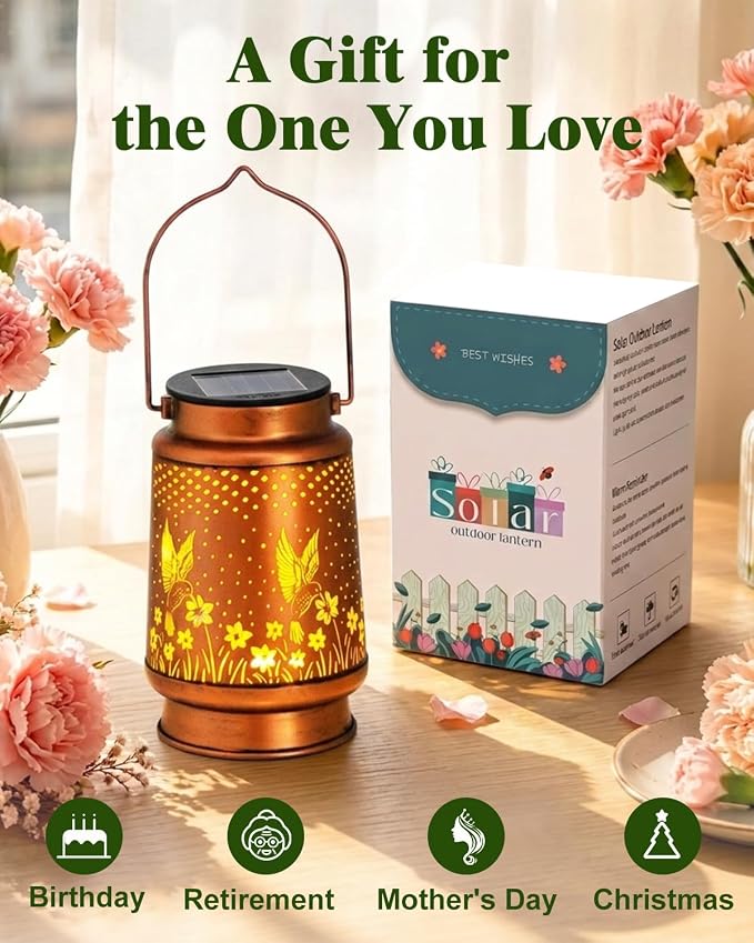 DIBIEECN Solar Lanterns Outdoor Waterproof, Hummingbird Gardening Birthday Gifts for Women Mom Grandma, Metal Hanging Decorative Solar Lights Outside Garden Decor for Yard, Patio, Backyard, Porch