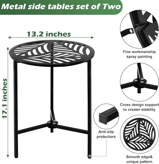 Party Zealot Set of 2 Small Round Metal Side Tables, 13-Inch Black Outdoor End Tables for Patio, Balcony, Porch or Garden – Weather-Resistant Corner Coffee Table for Small Spaces & Indoor Plant Stand