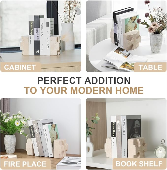 Decorative Square Marble Bookends for Heavy Books – Unique Book Ends for Shelves – Modern Aesthetic Book Holder/Stopper with Non-Slip Pads for Chic Home, Office, or Library Decor(Travertino Turkey)
