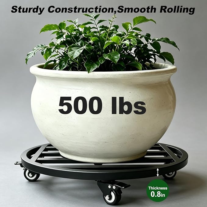 18" Round Plant Stand with Wheels Heavy Duty,Large Metal Plant Caddy Indoor Outdoor Use,Rolling Plant Dolly with Industrial Casters,Rust-Proof Black Plant Tray for Large Planters Pots,1-Pack