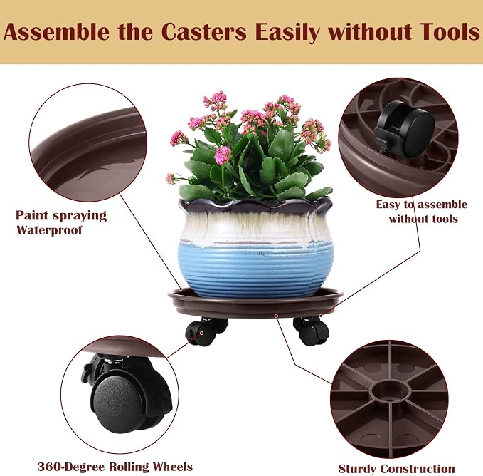 4 Packs Plant Caddy with Wheels 11.8" Plastic Rolling Plant Stands Heavy-Duty Plant Dolly with Casters Indoor Outdoor Plant Roller Base Large Saucer Tray Mover Coaster, Brown