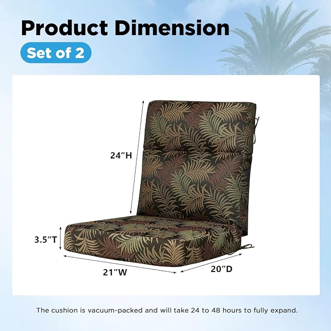 Outdoor Patio Chair Cushions 44x21x3.5 inch, Set of 2 Thicken Comfy Cushions for Rocker Non Slip Fade Shield Water Repellent High Back with Ties, Bamboo Leaf Jacquard