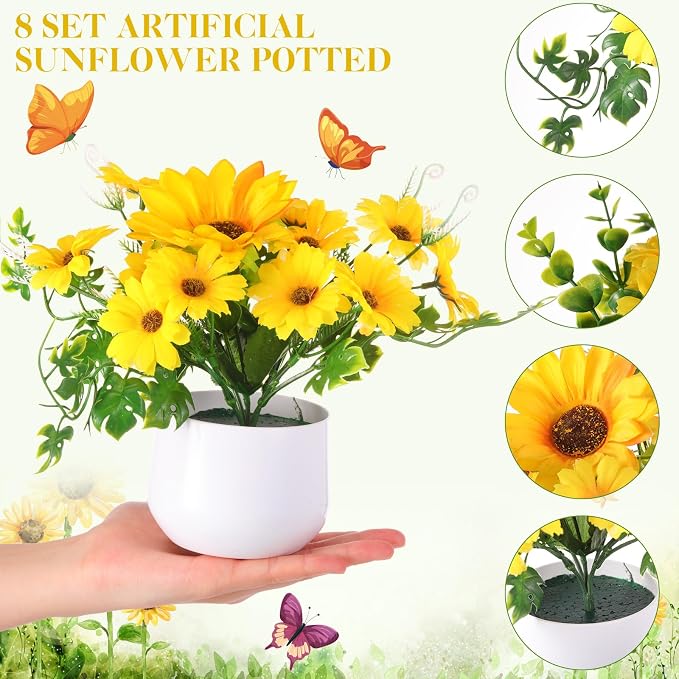 Zeyune 8 Pcs Sunflower Potted Plants Rustic Summer Spring Kitchen Wedding Table Centerpieces Silk Yellow Fake Flower with Plastic Pot for Home Bathroom Office (Stylish,Sunflower)