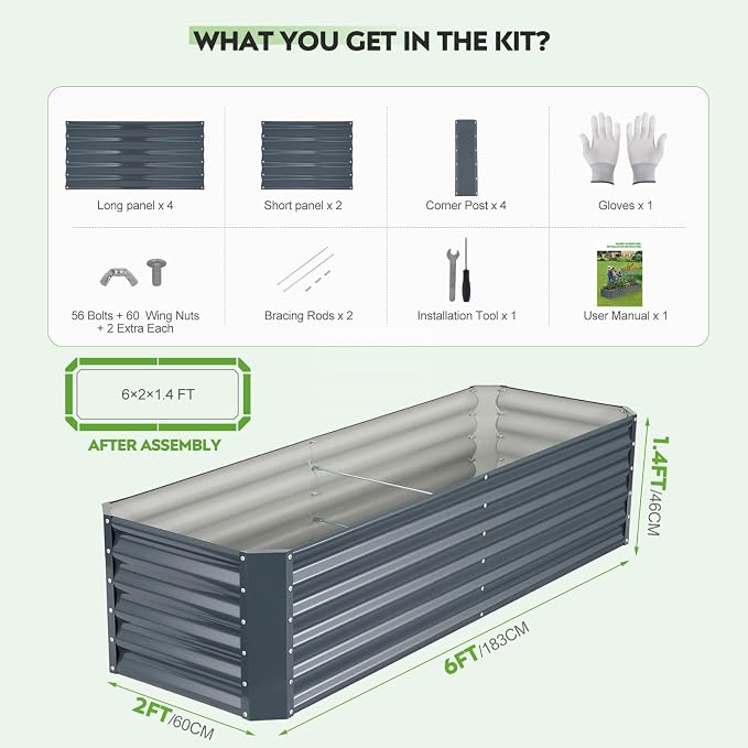 6×2×1.4ft Galvanized Raised Garden Bed Kit, Metal Planter Boxes Outdoor, High Raised Beds for Vegetables, Fruits, and Flowers - IronGrey