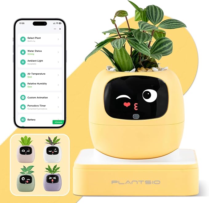 Smart Plant Pot with Visual Display – Soil Moisture, Water Level, Light & Battery Monitor, 80ml Self-Watering Reservoir, Supports 100+ Plants, Pomodoro Timer, Clock & Calendar-Pink-Yellow