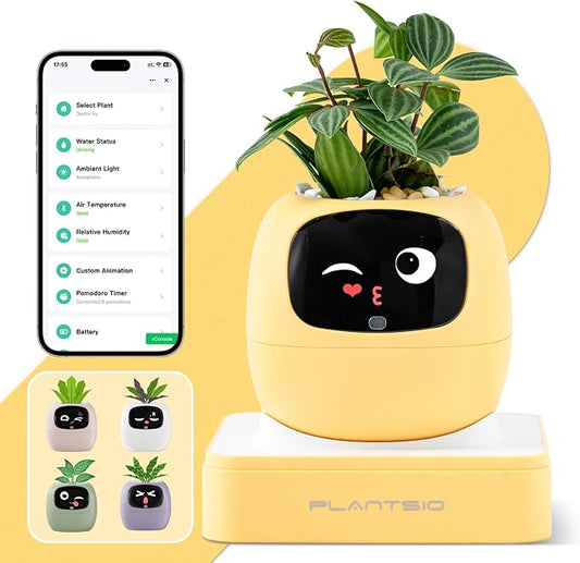 Smart Plant Pot with Visual Display – Soil Moisture, Water Level, Light & Battery Monitor, 80ml Self-Watering Reservoir, Supports 100+ Plants, Pomodoro Timer, Clock & Calendar-Pink-Yellow