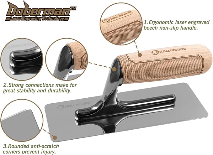 ROLLINGDOG Venetian Plaster Trowel - Mirror Polished 420 Stainless Steel Blade, Ergonomic Beech Handle for Decorative Finish and Polish(7.9inchX3inch)