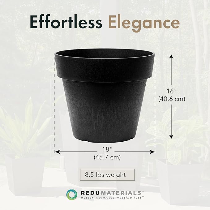 Tierra Verde Indoor & Outdoor Self-Watering Round Planter Pot, Baritone, 18" x 16", Black - Decorative Planting Containers for Plants and Flowers - Gardening and Flowering Accessories