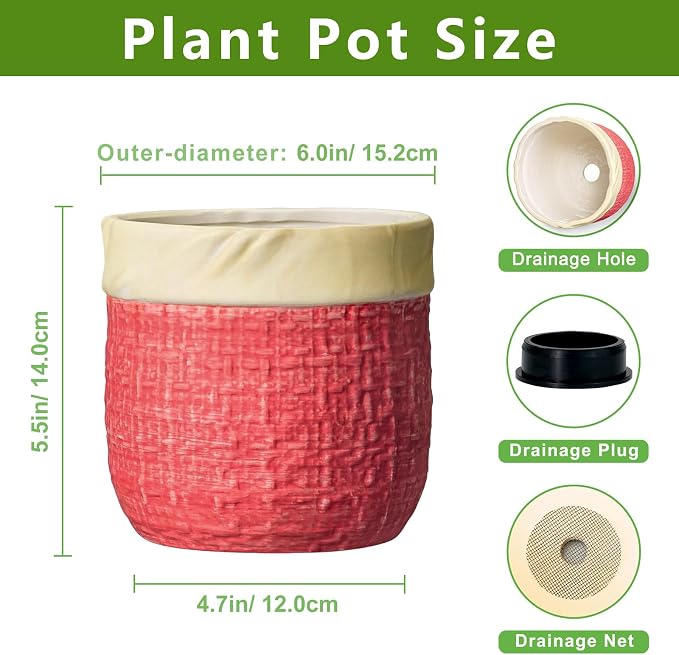 6 Inch Pots for Plants, Ceramic Planter, Round Flower Pots, Red | Boho Planter with Drainage Hole, Decorative Plant Pot for Indoor Plants, Office Desk Decor, Gardening Gifts for Women