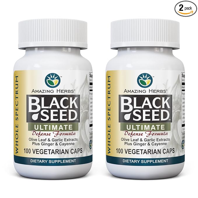 Amazing Herbs Whole Spectrum Black Seed Ultimate, Vegetarian Capsules - Olive Leaf & Garlic Extracts Plus Ginger & Cayenne, Gluten Free, Non GMO, Vegan - 100 Count (Pack of 2)