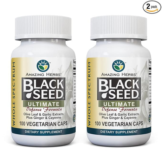 Amazing Herbs Whole Spectrum Black Seed Ultimate, Vegetarian Capsules - Olive Leaf & Garlic Extracts Plus Ginger & Cayenne, Gluten Free, Non GMO, Vegan - 100 Count (Pack of 2)