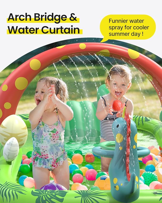 Inflatable Kids Pool, Airefina Dino Planet Inflatable Play Center Kiddie Pool with Water Slide, Ultra Thick 97"x76"x41" Toddler Pool with Play Ball Hoop, for Backyard, Garden, Water Park, Ages 3+