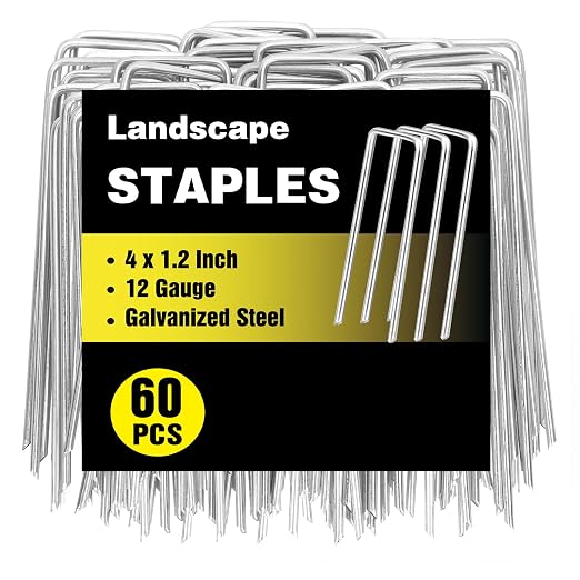 HongWay 60 Pack 4 Inch Landscape Staples, Garden Staples 12 Gauge Galvanized Ground Stakes Lawn Yard Staples SOD U-Shaped Pins for Gardening Irrigation Tubing Landscaping Fabric