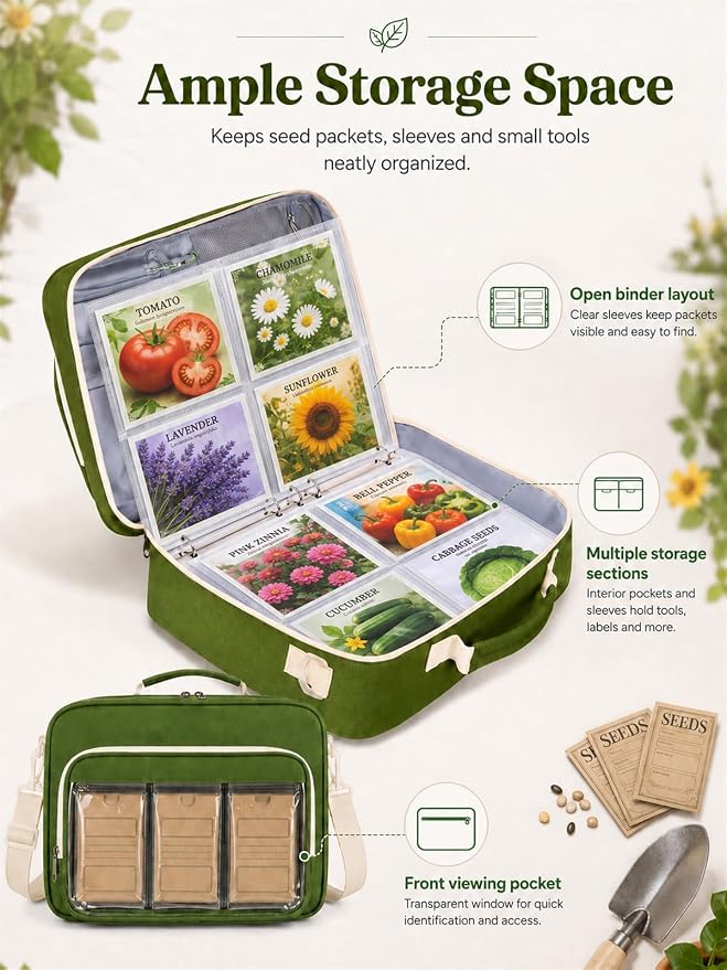 Seed Storage Organizer Bag with 30 Reusable Envelopes & 30 Protective Sleeves, Portable Garden Binder for Vegetable, Flower & Herb Packets, Green
