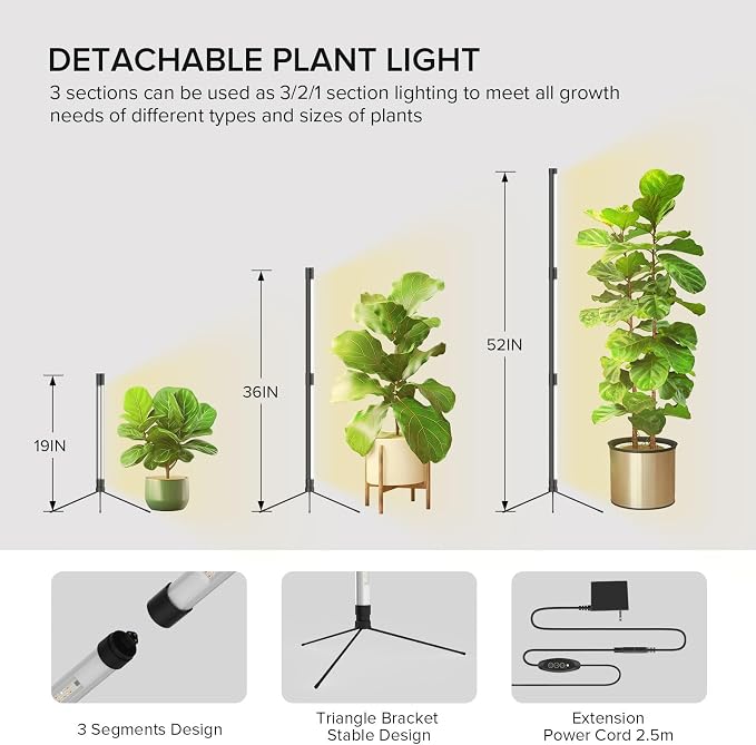 SANSI T10 Standing Grow Lights for Indoor Plants, 80W 144 LEDs Full Spectrum Plant Light Vertical Grow Light, 4.34FT Adjustable Three-Stage, 5 Dimming, Timer 3/6/12h, 4000K, for Wide Coverage Growth