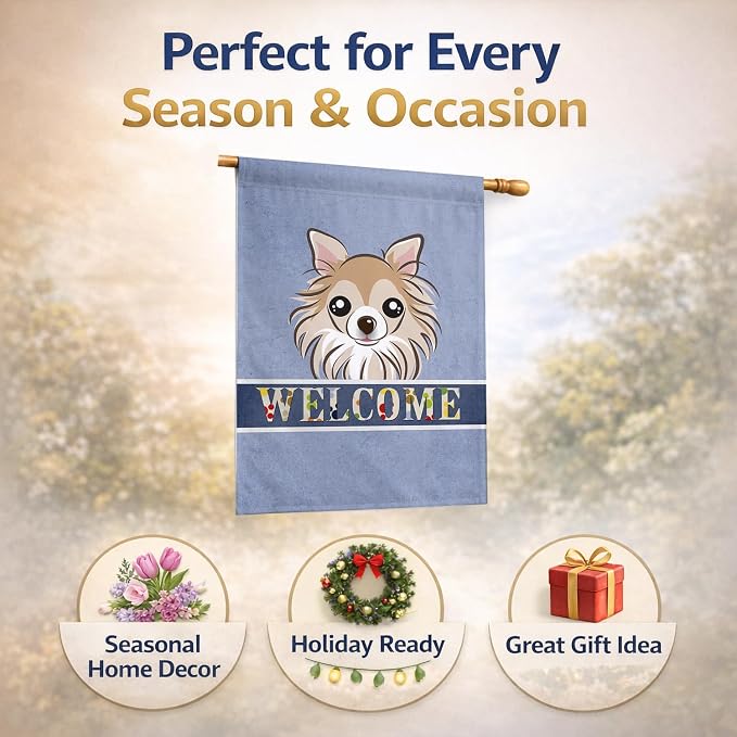 Caroline's Treasures BB1437CHF Chihuahua Welcome House Flag, Blue Large Porch Sleeve Pole Decorative Outside Yard Banner Artwork Wall Hanging, Polyester, House Size, Multicolor
