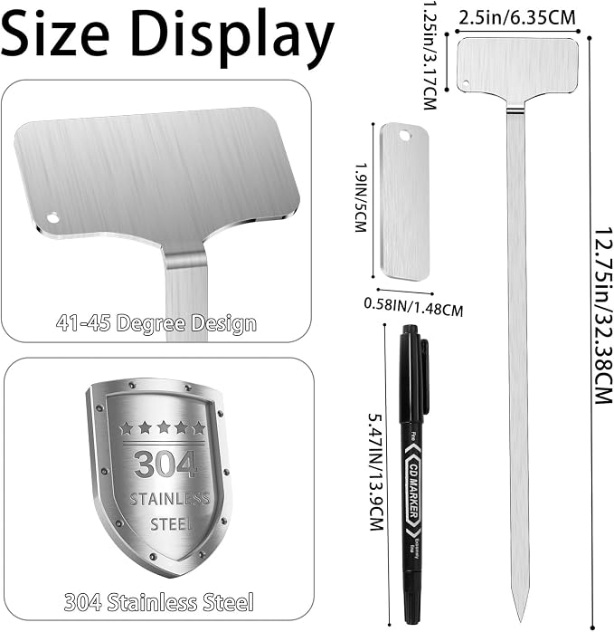 304 Stainless Steel Plant Markers, 50 Waterproof Metal Plant Label Stakes with 50 Tag Buckles & 2 Marker Pen, 12.75" Garden Markers for Outdoor Indoor Plants Identification.