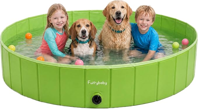 Furrybaby Foldable Dog Pool Non-Slip Hard Bath Tub Indoor Outdoor Pets Kids | Collapsible rigid dog pool with non-slip PVC, durable hard plastic tub, portable indoor & outdoor use for pets and kids,green