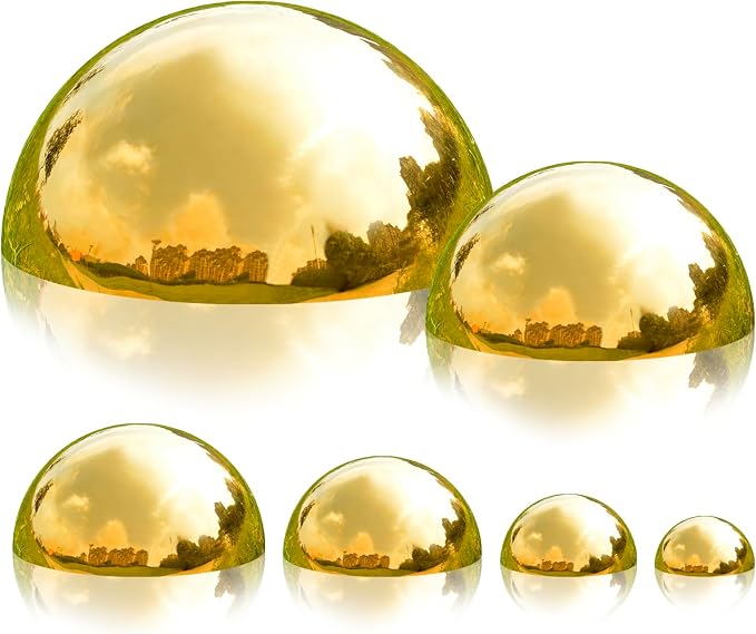 Gazing Ball Garden Mirror Outdoor - Outside Decorative Globe, Gold 6Pcs Mix | Metal Polished Reflective Hemisphere, Stainless Steel Hollow Decoration Ornament, for Home Pond Swimming Pool Housewarming