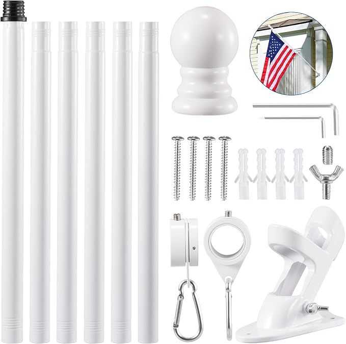 BONWIN White Flag Pole Kit for Outside House, 7FT Thickened Stainless Steel Wall Mount Flag Pole for 3x5'/ 4x6' Flag, 1" Anti-Wrap Spinning Flag Ring Clips & 2-Position Bracket Holder for Porch Yard