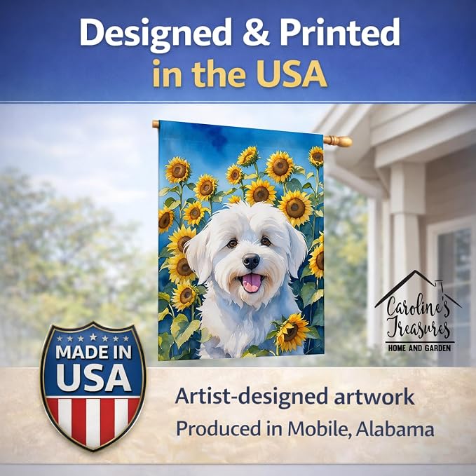 Caroline's Treasures DAC6063CHF Coton de Tulear in Sunflowers House Flag Large Porch Sleeve Pole Decorative Outside Yard Banner Artwork Wall Hanging, Polyester, House Size, Multicolor