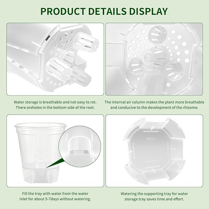 Cdd's Path 5 Inch Clear Self Watering Pots Set, 12 Pack Naked Root Planter with Deep Water Tank, Large Drainage Holes, Reservoir & Air Pipes for Indoor Outdoor Plants, Flowers, Seedlings
